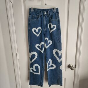 Blue Jeans with White Heart Pattern